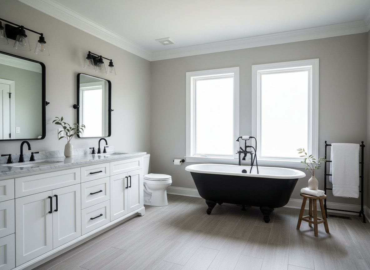 Elegant bathroom with a black freestanding tub, white double-sink vanity with marble top, large mirrors, and two windows for natural light.
