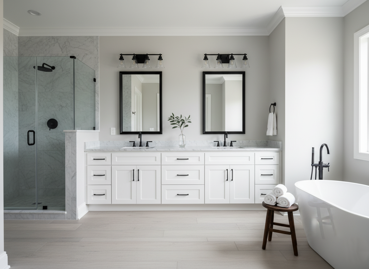 Bright, modern bathroom with a double vanity, black-framed mirrors, and sleek fixtures. Glass shower on the left, freestanding tub on the right.
