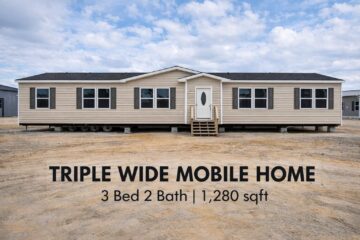 Triple-wide beige mobile home with black shutters, white door, and steps. Text reads: "Triple Wide Mobile Home, 3 Bed 2 Bath, 1,280 sqft."