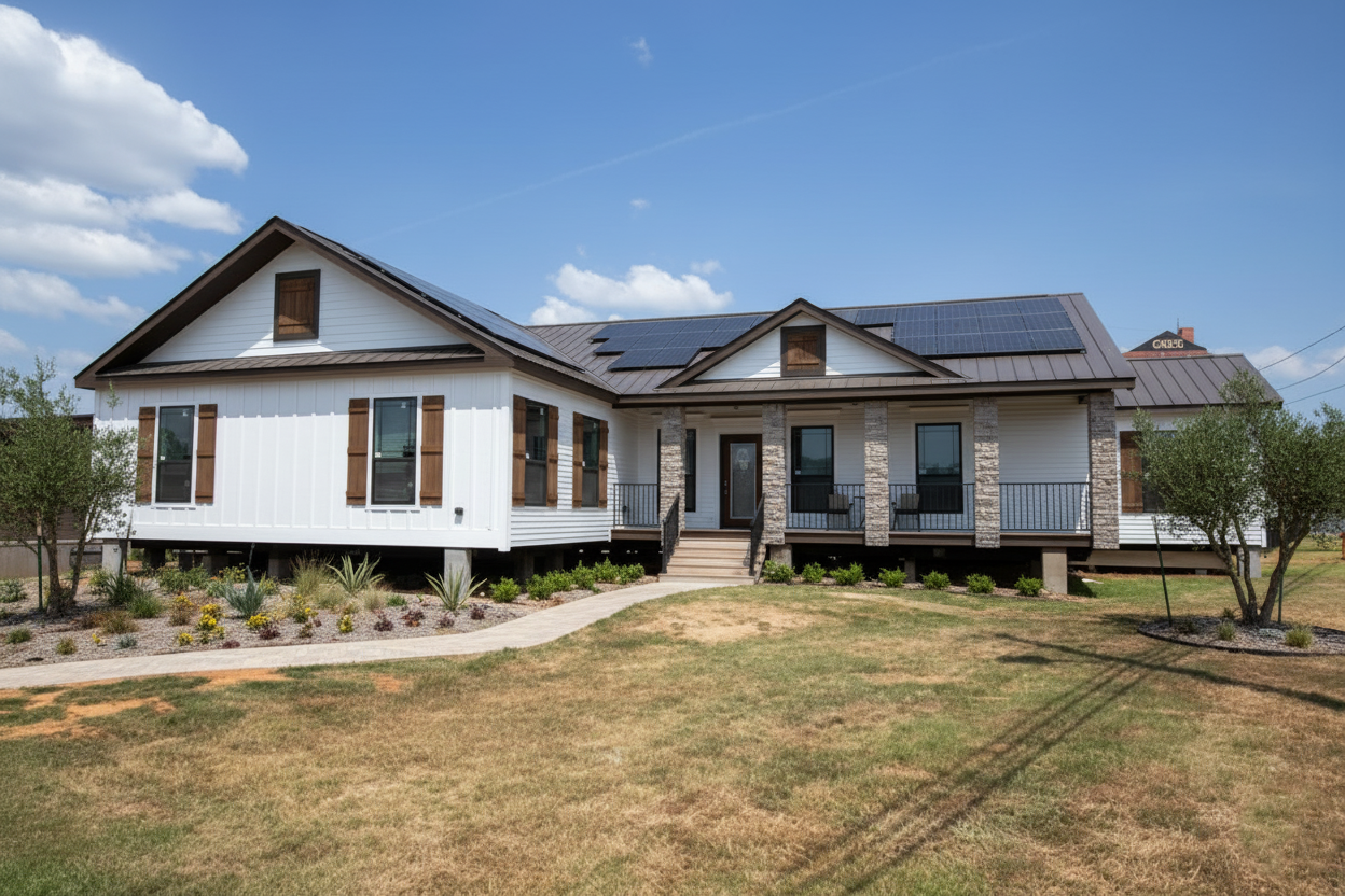 Single-story modern farmhouse with solar panels on a sunny day. Features white siding, stone accents, brown shutters, and a landscaped front yard.