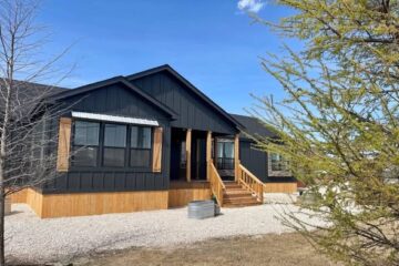 A modern black house with wooden accents and stairs sits on a gravel path, surrounded by sparse trees and grass under a clear blue sky.