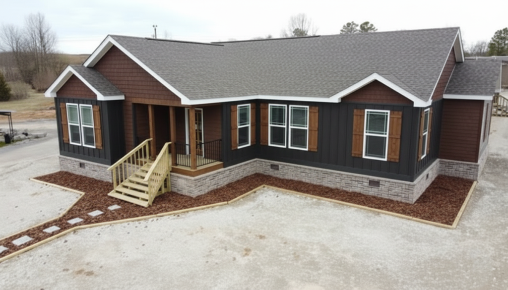 A single-story modern house with dark brown siding, white trim, and a gray roof. Wooden shutters accentuate large windows. A small wooden porch leads to the entrance, surrounded by landscaping with wood chips and stone steps. The scene conveys a cozy, rustic feel.