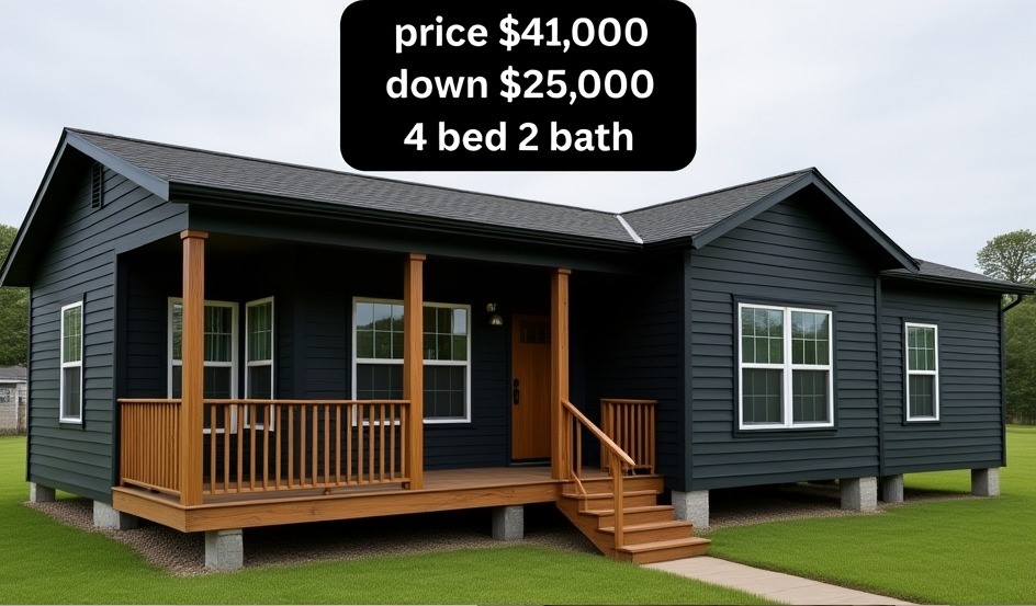 A modern, single-story black house with wooden porch is shown against a grassy background. Text above lists: price $41,000, down $25,000, 4 bed 2 bath.