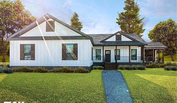 Modern farmhouse with white siding, dark shutters, and a rustic porch, set against a sunny lawn with a gravel path, conveying warmth and serenity.