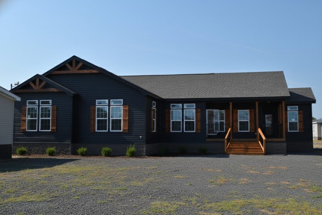 Single-story house with dark siding, large windows with wooden shutters, and a covered porch. The setting is sunny with a gravel yard in front.
