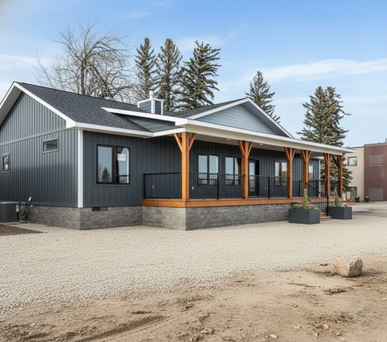 Single-story modern home with dark gray siding, white trim, and a wooden porch. Surrounded by gravel and trees, conveying a serene, rustic vibe.