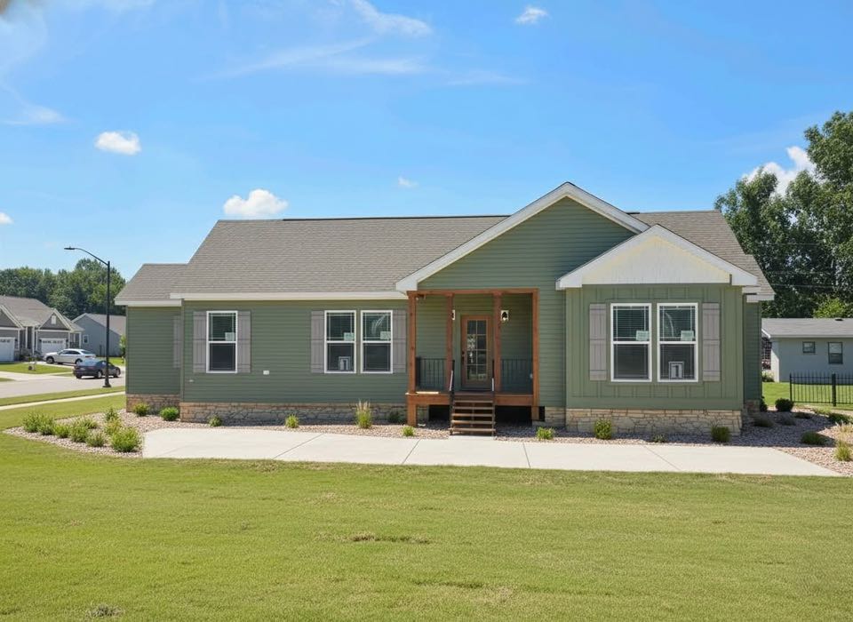 Single-story green house with gray roof, wooden porch, and small front steps. Manicured lawn and clear blue sky create a serene, inviting atmosphere.