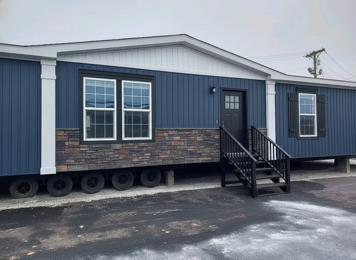 Modern manufactured home with blue siding and stone accents, featuring large windows and a small black staircase leading to a dark front door.