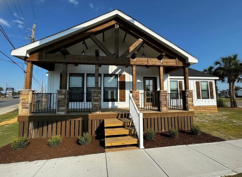 Wooden home with a wide porch and stone accents under a bright blue sky. Steps lead to the entrance, surrounded by small shrubs and pavement.