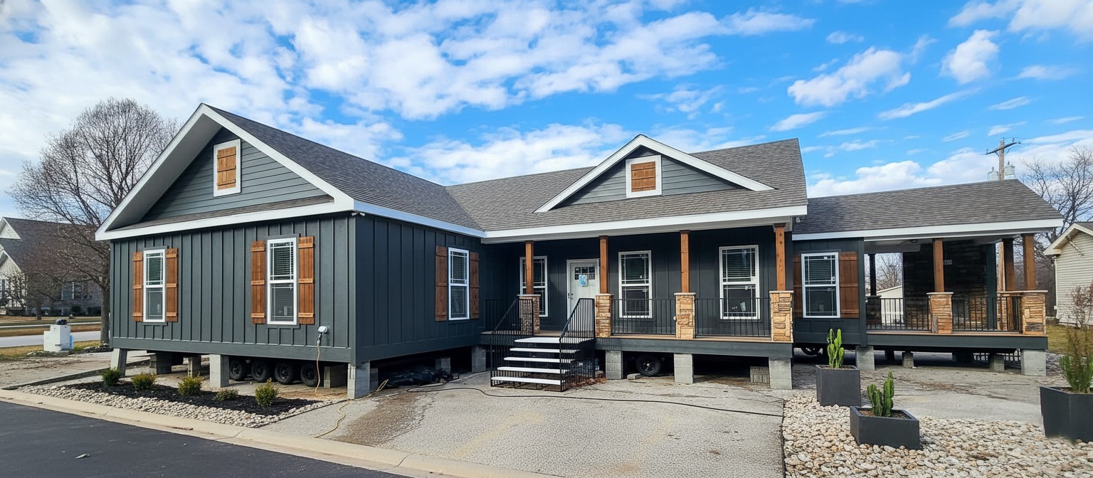 Single-story gray house with a gabled roof, wooden shutters, and a small front porch. Bright blue sky with clouds adds a serene, inviting feel.