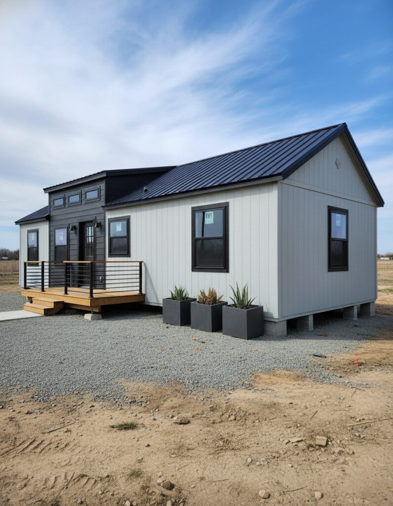 A modern tiny house with gray siding and a black metal roof stands on a gravel lot. It features a small wooden porch and potted plants, under a blue sky.