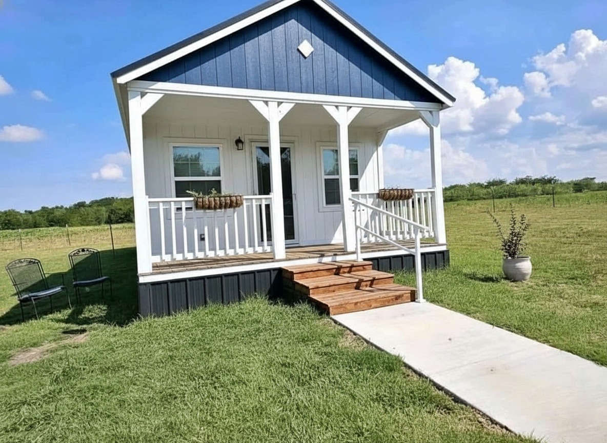 A small blue and white cottage with a porch sits on a grassy field under a bright blue sky. Two chairs are nearby, conveying a peaceful rural vibe.