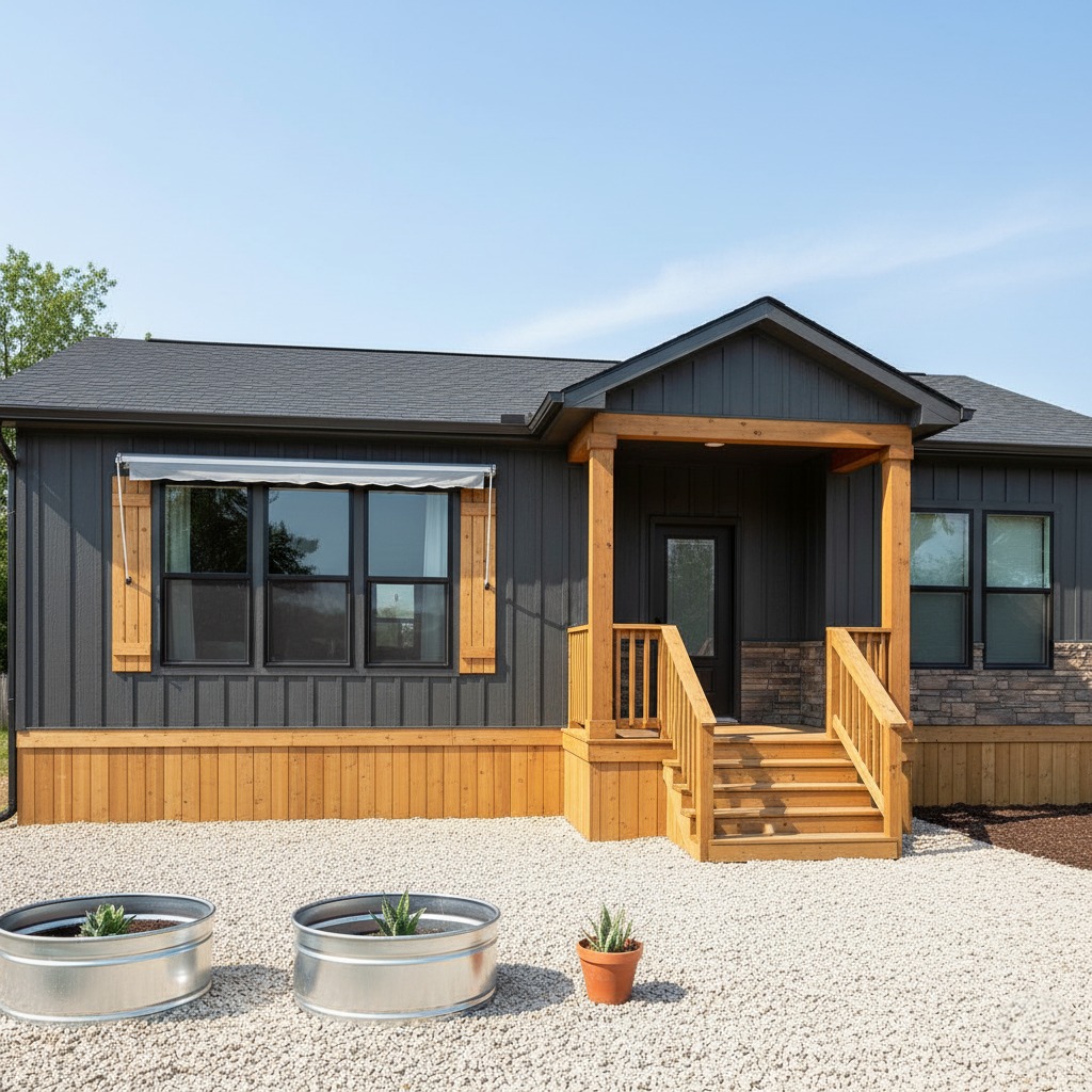 A modern, single-story house with a gray and wood exterior, featuring a small porch and steps. Two metal planters sit on a gravel yard. The sky is clear.