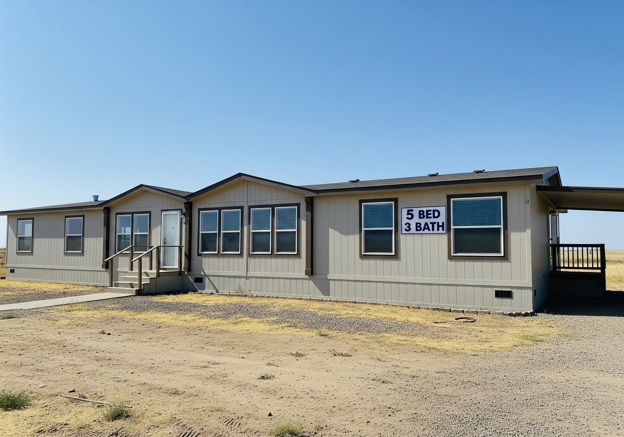 Single-story modular home with beige siding, labeled "5 Bed 3 Bath" in blue. It has multiple windows, a covered entrance, and is set on a dry, open landscape.