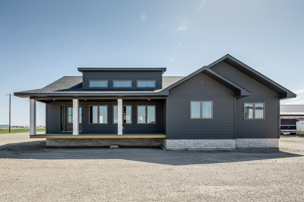 Modern house with dark gray siding and white columned porch, set against a clear blue sky. Wide windows highlight its contemporary design. Gravel driveway.