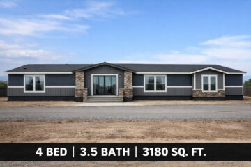 Single-story modern home with dark siding and stone accents. Large windows, centered entrance. "4 Bed | 3.5 Bath | 3180 Sq. Ft." text below. Clear sky.