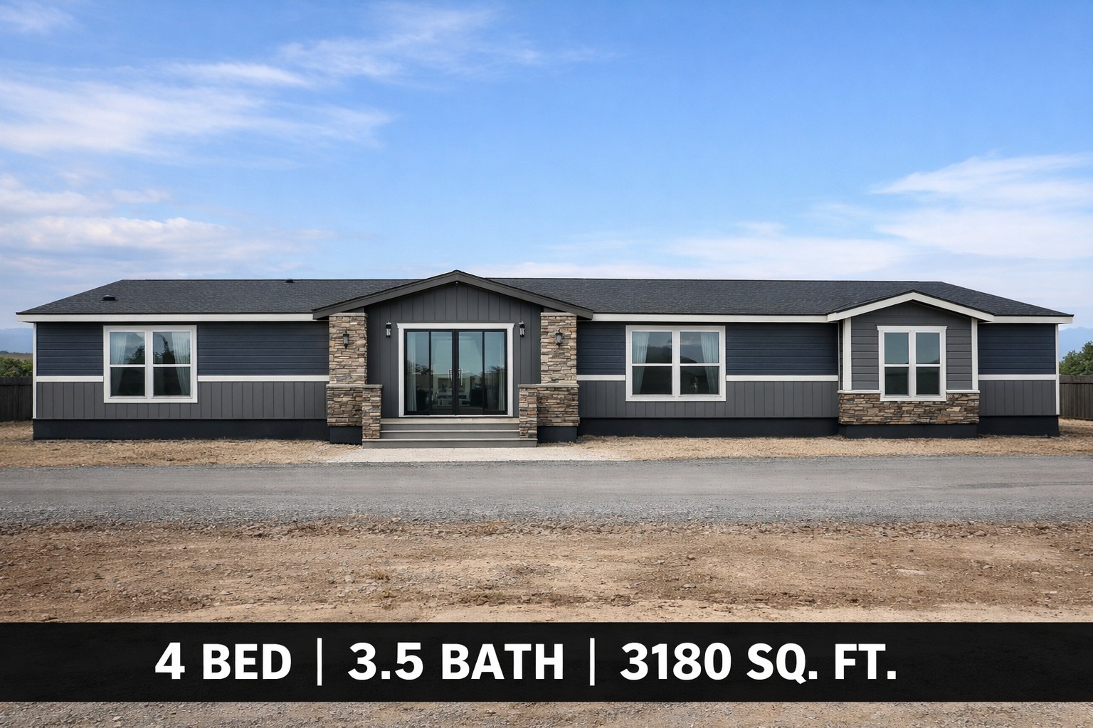 Single-story modern home with dark siding and stone accents. Large windows, centered entrance. "4 Bed | 3.5 Bath | 3180 Sq. Ft." text below. Clear sky.