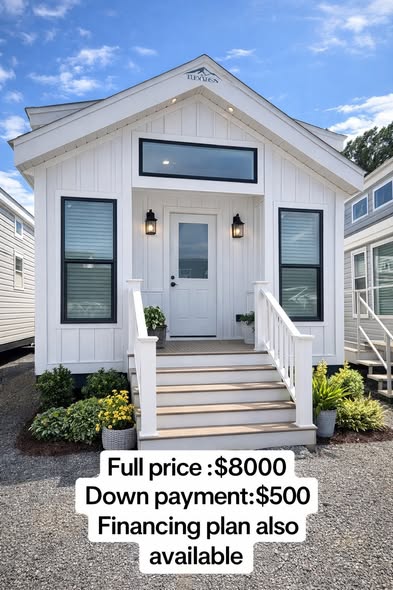 A small, white tiny house with a gabled roof and porch. Surrounded by greenery, it has rectangular windows and hanging lights. Price details: $8000 full, $500 down, financing available.