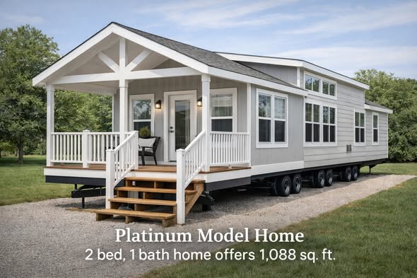 Alt text: "Modern mobile home with white siding and a gabled roof on a gravel path. Features a front porch with stairs and several large windows, surrounded by greenery. Text overlay: 'Platinum Model Home, 2 bed, 1 bath home offers 1,088 sq. ft.'"