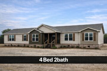Single-story beige house with gray roof, front porch, and white-trimmed windows. Gravel yard, blue sky. Text reads "4 Bed 2 Bath."
