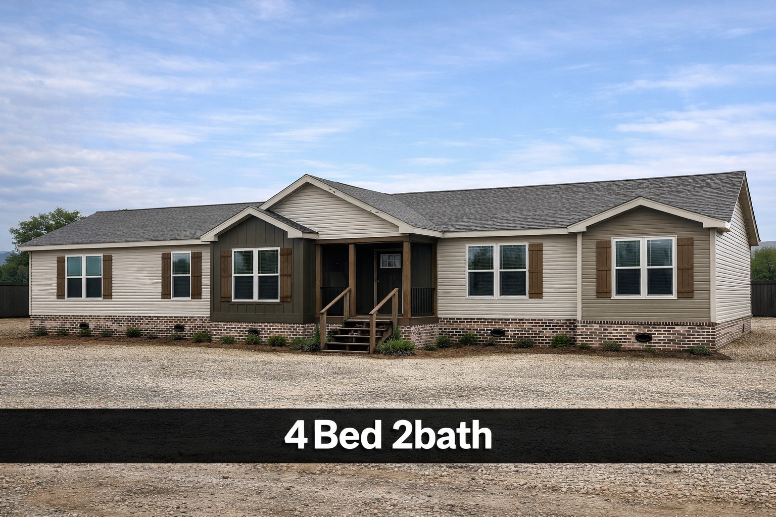 Single-story beige house with gray roof, front porch, and white-trimmed windows. Gravel yard, blue sky. Text reads "4 Bed 2 Bath."