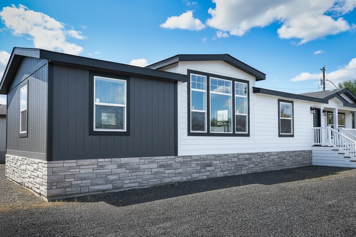 Modern modular home exterior with white siding and dark accents. Large windows, stone foundation, and white steps under a bright blue sky with clouds.