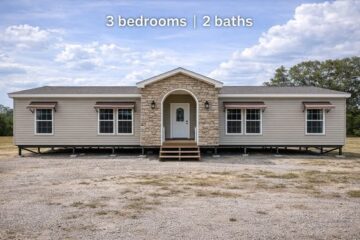 A single-story modular home with beige siding and a stone-accented entrance. Text above reads "3 bedrooms | 2 baths." The setting is calm and rural.