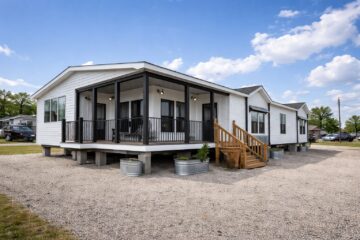 A modern modular home with white siding and a black-trimmed porch sits elevated on concrete blocks. The sky is blue with few clouds, creating a serene atmosphere.