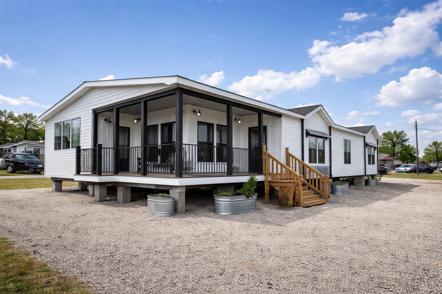 A modern modular home with white siding and a black-trimmed porch sits elevated on concrete blocks. The sky is blue with few clouds, creating a serene atmosphere.