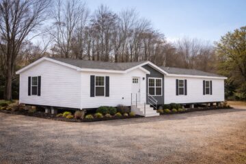 A white prefabricated house with black shutters sits elevated on a gravel lot. Sparse landscaping with shrubs surrounds the home. Trees line the background.
