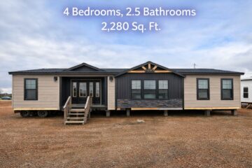 A modern, beige and gray modular home with a front porch and steps. Text above reads "4 Bedrooms, 2.5 Bathrooms, 2,280 Sq. Ft." showcasing spacious living.