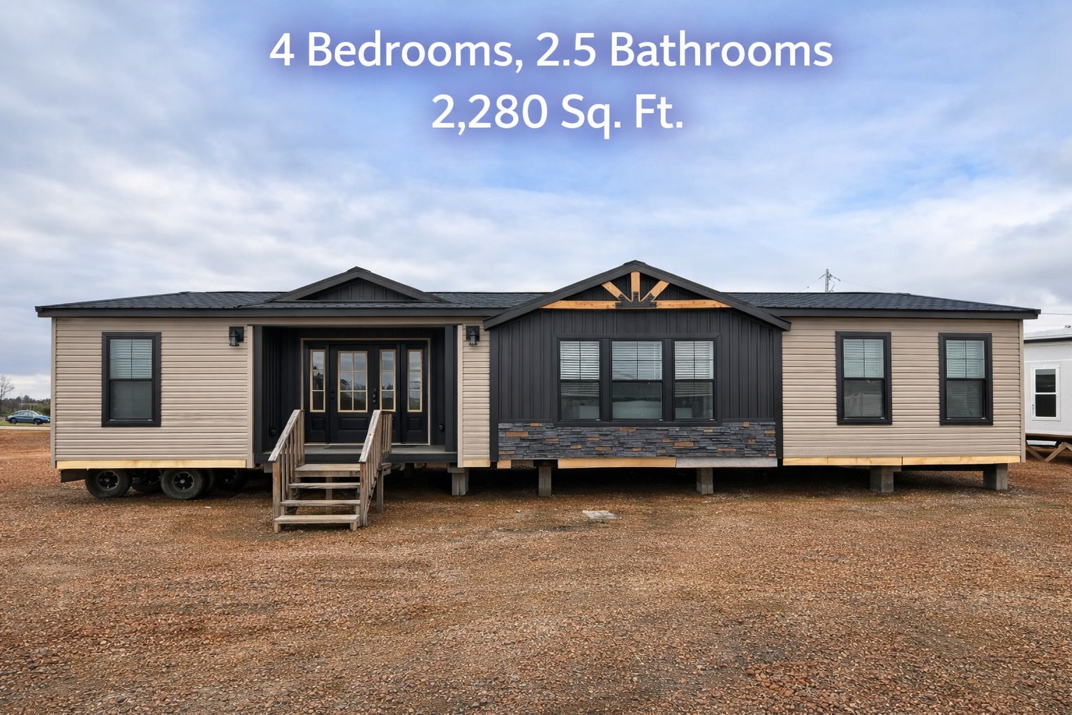 A modern, beige and gray modular home with a front porch and steps. Text above reads "4 Bedrooms, 2.5 Bathrooms, 2,280 Sq. Ft." showcasing spacious living.