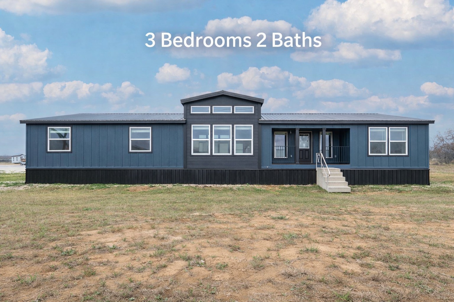Modern blue manufactured home with three bedrooms, two baths. Minimalist design with large windows, front steps, and situated on a grassy field.