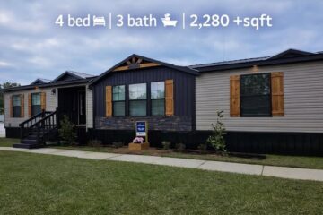 Manufactured home with dark and light siding, wooden shutters, and a small front garden. Text overlay: "4 bed, 3 bath, 2,280+ sqft."