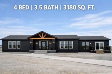 Modern black single-story house with wooden accents, large windows, and a concrete path. Text above reads: "4 Bed | 3.5 Bath | 3180 Sq. Ft."