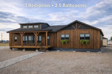 Wooden house with rustic charm, featuring a covered porch and greenery under windows. Sky is partly cloudy. Text: "3 Bedrooms • 2.5 Bathrooms".
