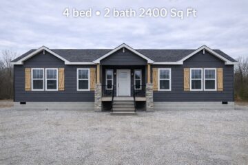 Modern gray house with stone columns and wooden shutters, featuring four large windows and a centered white door. Text above reads, "4 bed • 2 bath 2400 Sq Ft."