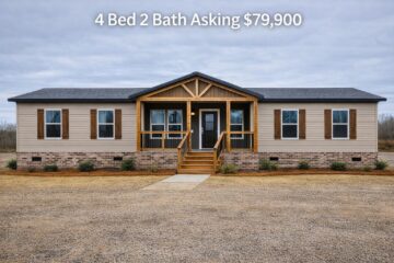 A beige, single-story house with brown shutters and a covered porch. Text above reads, "4 Bed 2 Bath Asking $79,900." Overcast sky background.