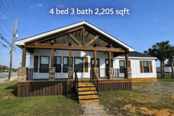 A modern house with a wood and stone facade, featuring a large porch and steps. The sky is clear, and palm trees are visible. Text reads: "4 bed 3 bath 2,205 sqft."