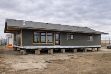 Single-story house on blocks with gray siding, multiple windows, and a door. Text reads "3 Bed 3 Bath Asking $69,900." Overcast sky in the background.