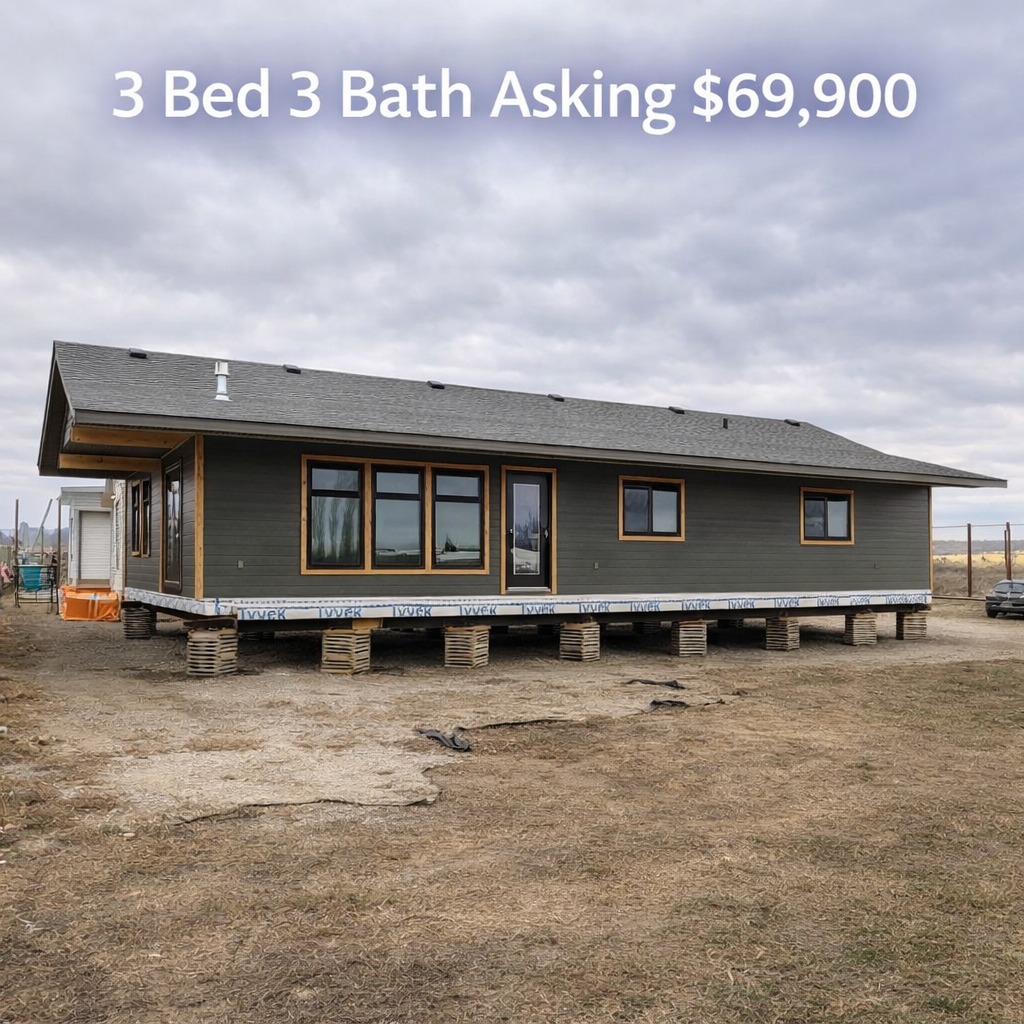 Single-story house on blocks with gray siding, multiple windows, and a door. Text reads "3 Bed 3 Bath Asking $69,900." Overcast sky in the background.