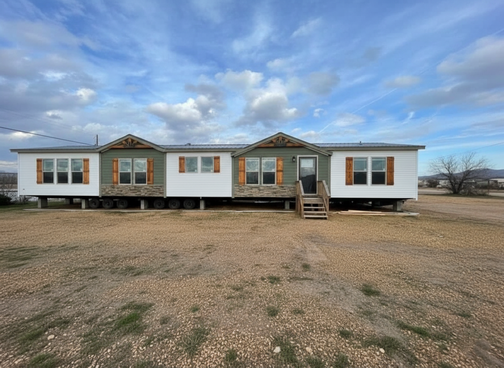 A large manufactured home on a gravel lot, featuring a gabled roof and wooden shutters. The cloudy sky adds a serene and open-air ambiance.
