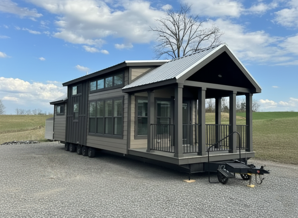 Modern tiny home on wheels with a pitched roof, large windows, and a small porch. Parked on a gravel lot under a clear blue sky with clouds.