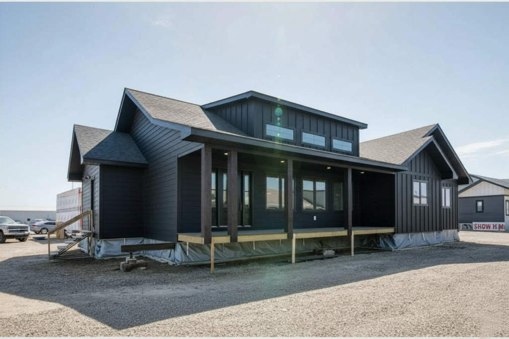 Modern black modular home with a gabled roof and large porch. The house sits elevated on a construction site, surrounded by gravel under a clear sky.