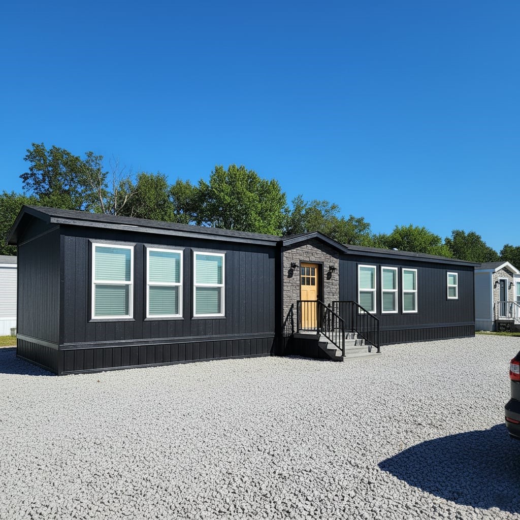 Modern black single-story modular home with five windows and a wooden front door, set on gravel with a clear blue sky and trees in the background.