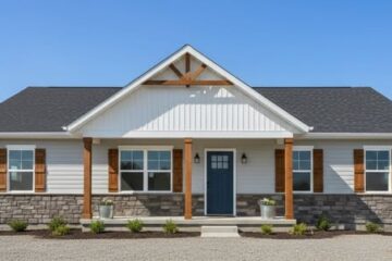 A modern single-story house with a blue front door, wooden shutters, and gray stone accents. It's set against a clear blue sky and gravel driveway.