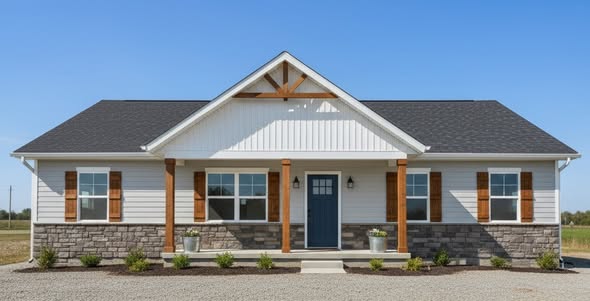 A modern single-story house with a blue front door, wooden shutters, and gray stone accents. It's set against a clear blue sky and gravel driveway.