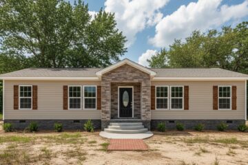A modern, single-story house with stone accents and a central entrance. It is surrounded by trees under a partly cloudy sky, conveying tranquility.