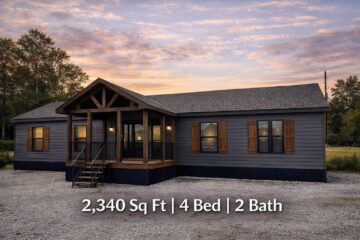 A modern gray house with a wooden porch under a vibrant evening sky. Text overlay: "2,340 Sq Ft | 4 Bed | 2 Bath." Cozy and inviting setting.