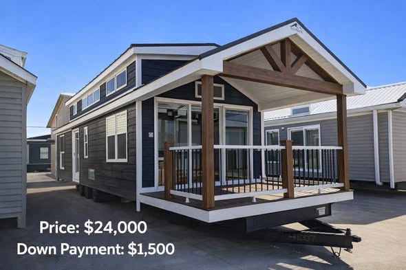 Tiny house with a dark exterior, white trim, and wooden porch under a clear blue sky. Text states price as $24,000 and down payment as $1,500.